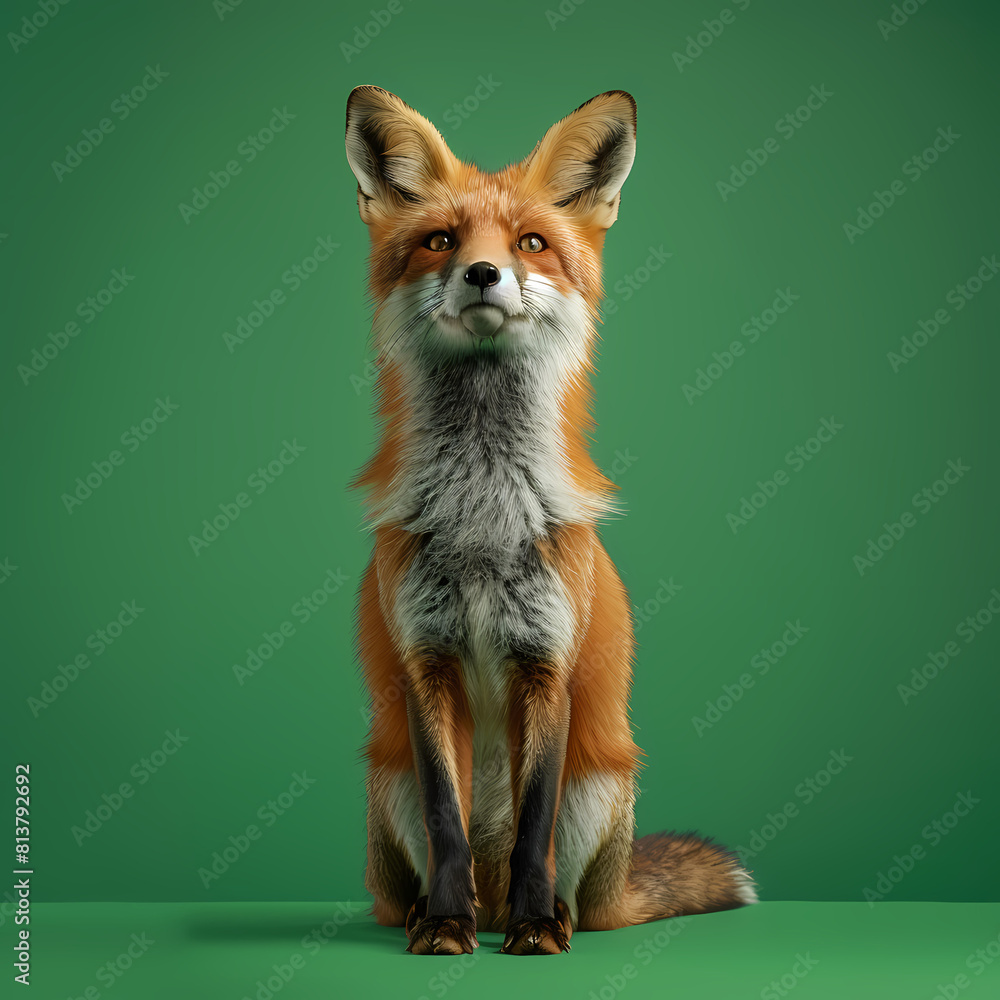 Full body of fox on solid green screen background, fashion photography, evenly lighting