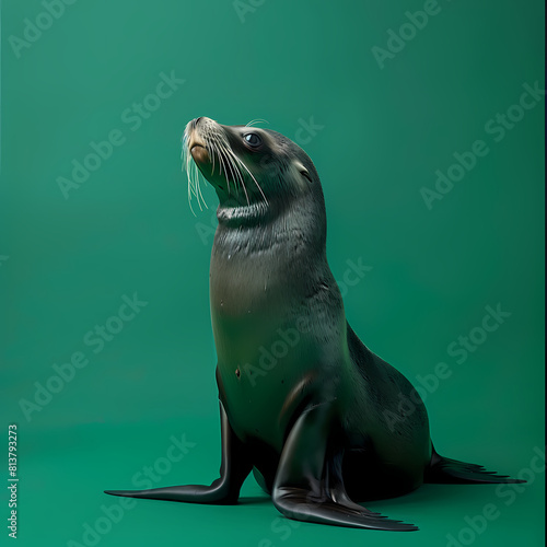 Full body of sea lion on solid green screen background, fashion photography, evenly lighting photo