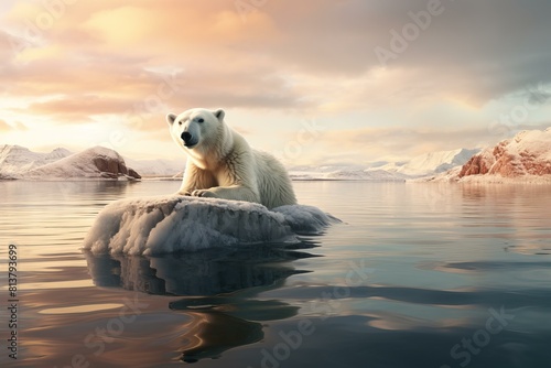 Majestic polar bear isolated on a small iceberg during a captivating arctic sunset