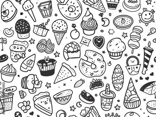 Wallpaper Mural Birthday party doddle theme. Cartoon style for children coloring book.  Torontodigital.ca