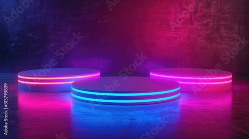 Neon light infused product podium, glowing edges and fluorescent tones, perfect for tech and youthoriented products photo