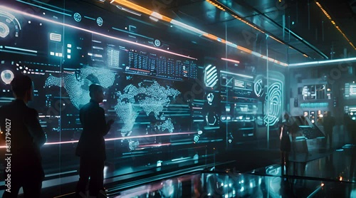 Synergy of Expertise and Technology Professionals Engage with Colorful Data in Futuristic Command Center	
 photo