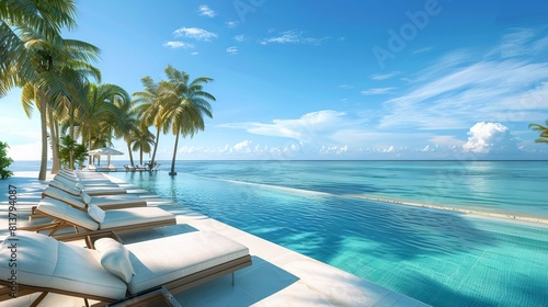3d render of luxury beach resort with swimming pool and loungers near the sea  palm trees and blue sky background 