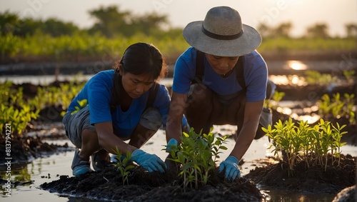 Person planting mangrove trees promoting habitat restoration on the coast. Ai Generative. photo