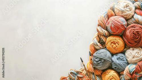 free space on the left corner for title banner with a watercolor style  knitting  balls of yarn  knitting needles  white background.