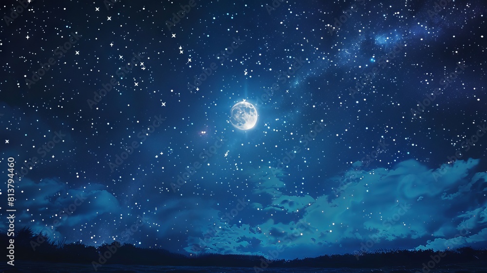 An enchanting night sky filled with stars and a bright full moon. 
