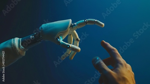 An artificial intelligence robot hand reaching out to a human businessman's finger on a dark blue technology background, 