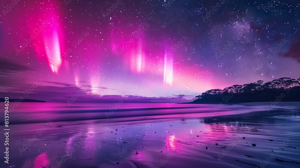 A beautiful photo of the aurora borealis over Dingsons Beach in Australia, with vibrant pink and purple colors lighting up the night sky, reflecting on water below. The stars add to its beauty