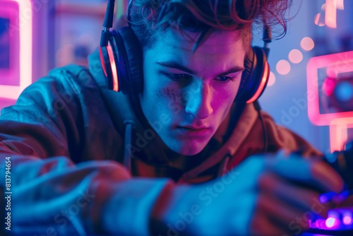 Person wearing headphones Engrossed in Video Games Amid Neon-Lit Setup
