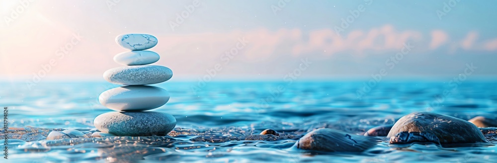Obraz premium Mindfulness and meditation - stacked stones on the seas shore, blue background with copy space, banner design. The concept symbolizes balance and harmony in life.