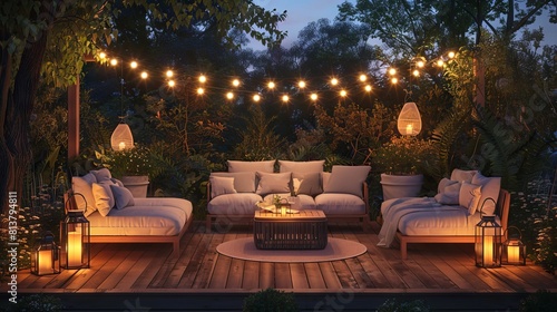 A cozy outdoor terrace with comfortable sofas, lanterns and string lights at night.