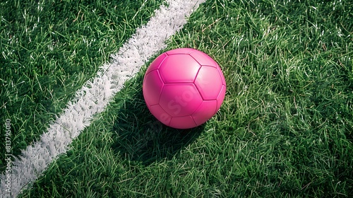 Top View of a pink Soccer Ball next to a white Line on a green Pitch. Football Background