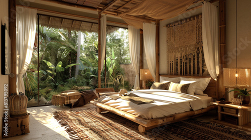 A safari-themed bedroom with animal print accents, safari netting, and a bamboo canopy bed. 