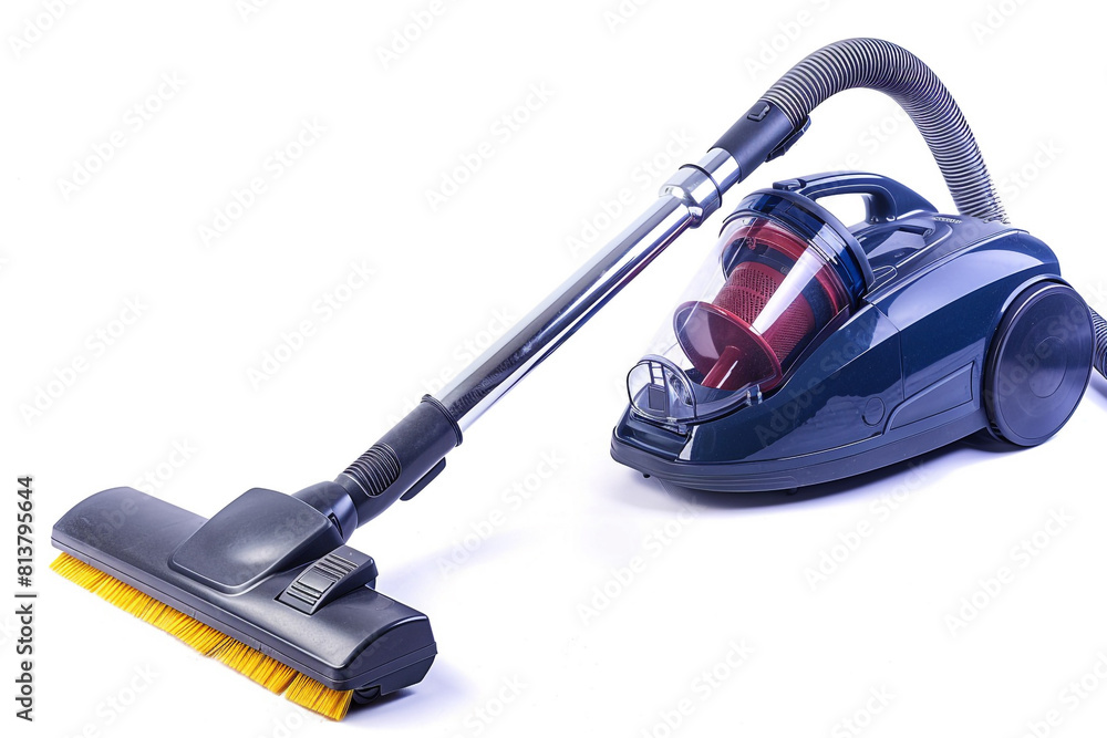 A powerful upright vacuum cleaner with a self-adjusting cleaner head and a tangle-free brush roll for hassle-free cleaning isolated on a solid white background. A powerful upright vacuum cleaner with a self-adjusting cleaner head and a tangle-free brush roll for hassle-free cleaning isolated on a solid white background.