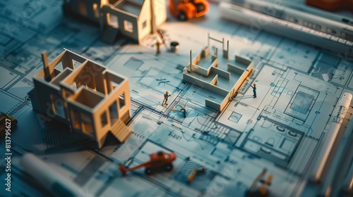 Background of blueprints and architectural drawings with a miniature construction site and small people working on it.  photo