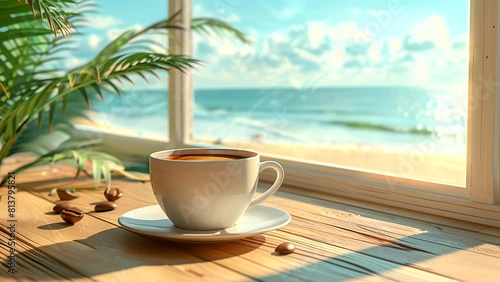 Coffee cup by window in beachside summer cafe with tropical vibes. looping time-lapse video photo