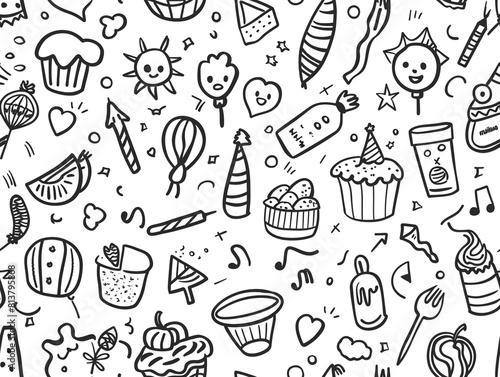 Wallpaper Mural Birthday party doddle theme. Cartoon style for children coloring book.  Torontodigital.ca