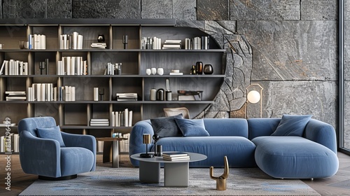 Blue armchair and sofa, book shelf against grey stone cladding wall. Loft interior design of modern living room, home. 