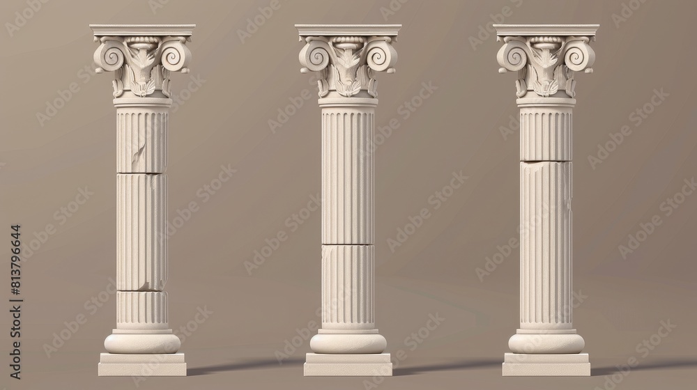 The ancient Roman column made of white clay. A realistic 3D modern illustration set of the Greek stone pillar of the temple building. An antique marble colonnade for historical construction The ancient Roman column made of white clay. A realistic 3D modern illustration set of the Greek stone pillar of the temple building. An antique marble colonnade for historical construction