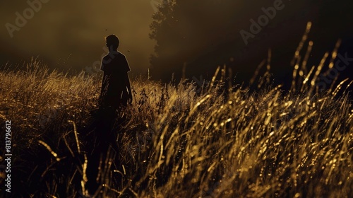 Enigmatic Figure in Field of Tall Grass at Sunset.