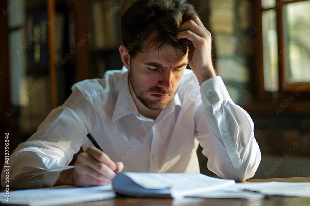 Businessman attentively reading a financial report or reviewing a detailed balance sheet, using analytical skills to interpret complex financial information Businessman attentively reading a financial report or reviewing a detailed balance sheet, using analytical skills to interpret complex financial information