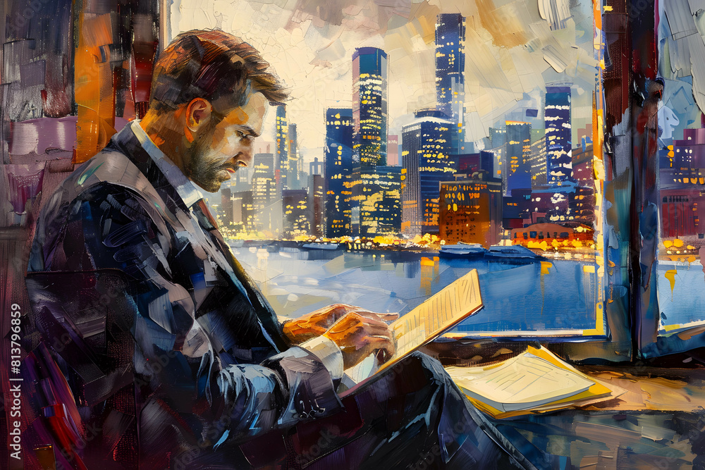 Businessman attentively reading a financial report or reviewing a detailed balance sheet, using analytical skills to interpret complex financial information Businessman attentively reading a financial report or reviewing a detailed balance sheet, using analytical skills to interpret complex financial information