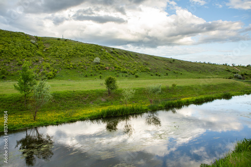 Beautiful summer landscape with green trees, green meadows on the bank of the river in Republic of Moldova.