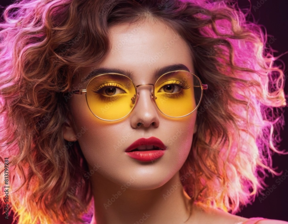 A woman with curly hair and yellow glasses is wearing red lipstick A woman with curly hair and yellow glasses is wearing red lipstick