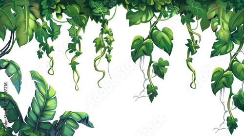 An illustration border of rainforest tree creeping branches with foliage. A long stem and rope with a tropical hanging vegetation frame.