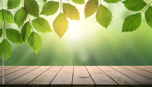 empty wooden table on beautiful green leaves tree background, beige wood table on blurred natural spring background with bokeh light, empty space, product display,banner