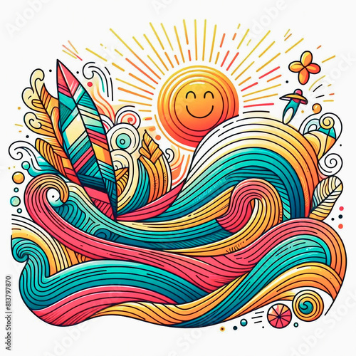 abstract summer doodle illustration with waves and sun.
