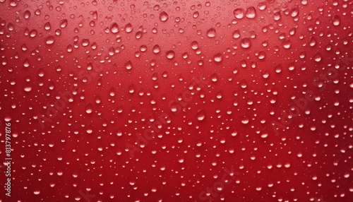 Wet window red background  water drops on glass  rainy weather