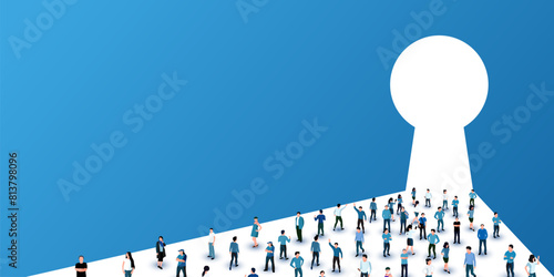 Large group of people stand in front of keyhole. Concept of security.