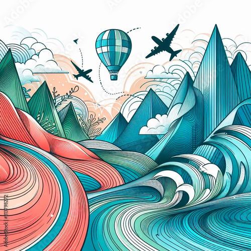 Abstract background with mountains, clouds and air balloon. 