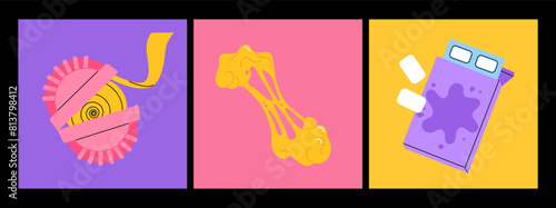 Bubble gum chewing candy, colorful sweet snack in pack for children isolated set on white background. Vector illustration of bubblegum sugar desserts with different shape and flavor