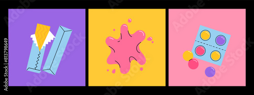 Bubble gum chewing candy, colorful sweet snack in pack for children isolated set on white background. Vector illustration of bubblegum sugar desserts with different shape and flavor