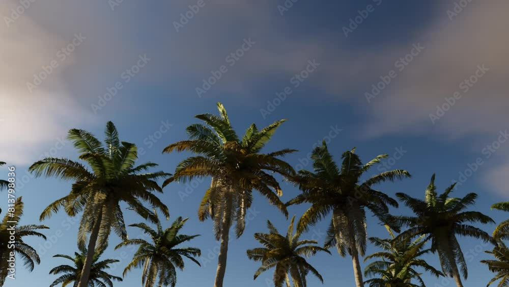 Moving along a palm forest with the sky as a backdrop. 3d animation, seamless loop. Moving along a palm forest with the sky as a backdrop. 3d animation, seamless loop.