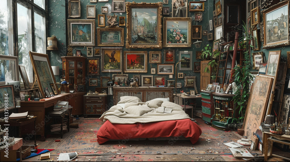 An eclectic artist's bedroom with gallery walls, mismatched furniture, and a bed nestled amidst easels and canvases. 