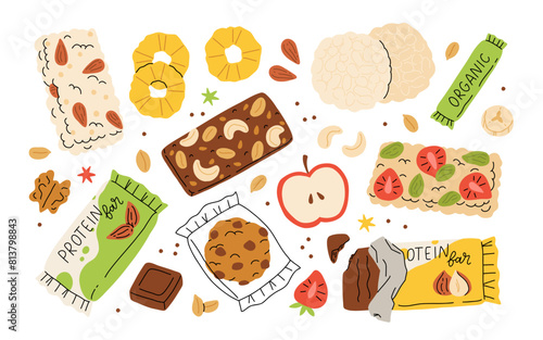 Nuts and dried fruit hand drawn collection, icons of healthy vegan snacks, vector illustrations of nut protein bar, dried banana, pineapple, almond, fruit mix. Cartoon healthy snack