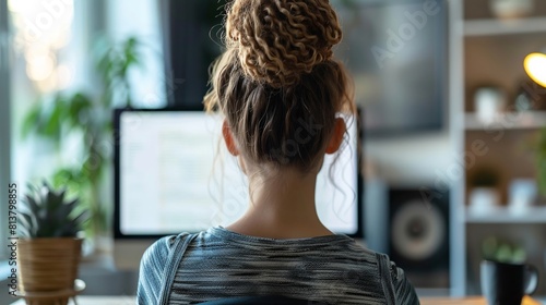Woman works on computer at home, with empty white screen visible over her shoulder.