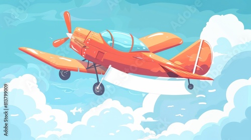 Cartoon modern set of cute childish aircraft and biplane with propeller pulling blank ribbon or flag for message sign. This set of cute childish aircraft and biplane will be perfect for a kid's craft