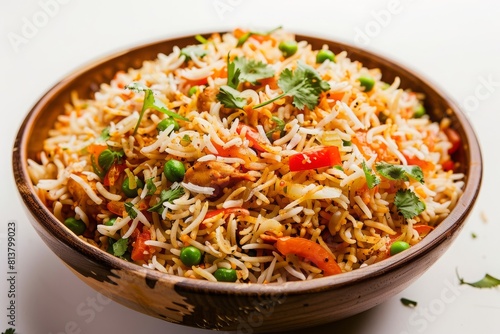 Veg biryani or veg pulav/pulao, pilaf Fried rice in a copper bowl, Indian street food, white background, vegetable pulao