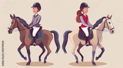 Riders in helmets and uniforms riding horses with bridles. Cartoon modern illustration of equestrian school and racehorse sport set with jockeys in equipment and riding horses in saddles with © Mark