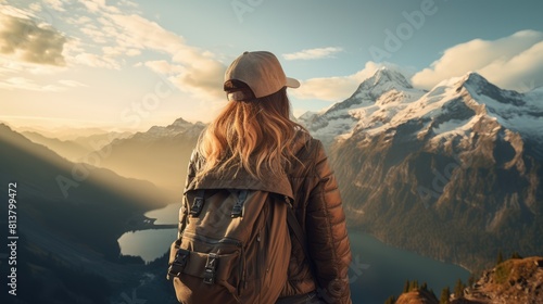 Adventurous Hiker Embracing Nature's Majesty on Mountain Summit Outdoor Exploration © Nirandorn