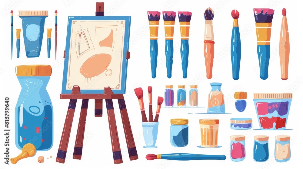 An artist's easel and brush. A set of school drawing supplies. Canvas, oil, gouache, erasers, pencils and eraser erasers for creative hobby education and leisure. An artist's easel and brush. A set of school drawing supplies. Canvas, oil, gouache, erasers, pencils and eraser erasers for creative hobby education and leisure.