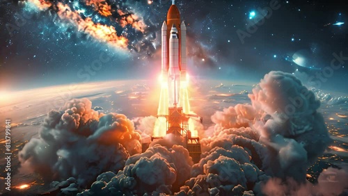 Artists depiction of a rocket blasting off, propelling upwards into the vast expanse of space. photo