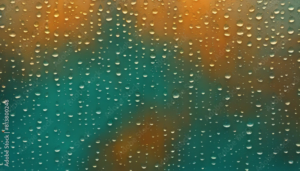 Fototapeta premium Wet window teal orange background, water drops on glass, rainy weathe
