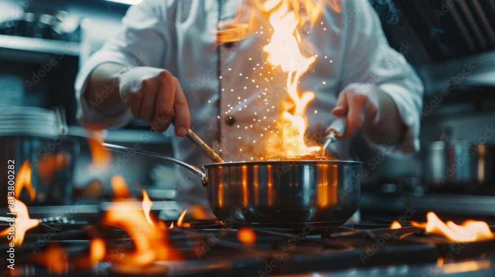 The famous restaurant chef stirs soup in a saucepan. He prepares dishes in a modern kitchen. The famous restaurant chef stirs soup in a saucepan. He prepares dishes in a modern kitchen.