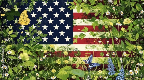 Patriotic American Flag Overlay on Lush Floral Background for Spring