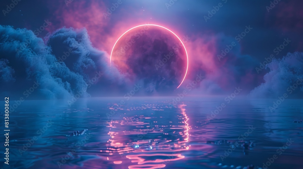 Futuristic neon glow illuminates a dark, wet surface with a striking object in the center, set against a vast space backdrop. Futuristic neon glow illuminates a dark, wet surface with a striking object in the center, set against a vast space backdrop.